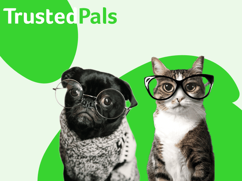 TrustedPals pet insurance featuring a pug and a cat wearing glasses