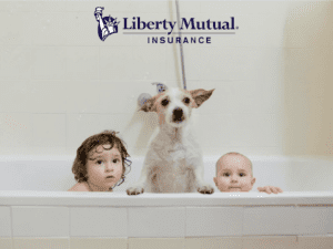 Liberty Mutual pet insurance review featuring two kids taking a bath with a dog