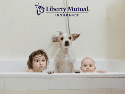 Liberty Mutual pet insurance review featuring two kids taking a bath with a dog